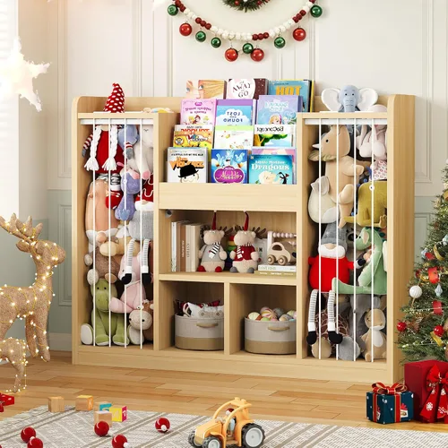 Miniatura 2 de ONBRILL Organizador de almacenamiento de juguetes, almacenamiento de animales de peluche con estantería de 4 niveles, funda de almacenamiento