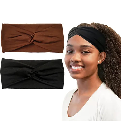 Miniatura 8 de Hjiaruiky 2 diademas de turbante para mujer, bohemias, elásticas, a la moda, de tela anudada, bonita, gruesa, para mujeres y niñas, color negro