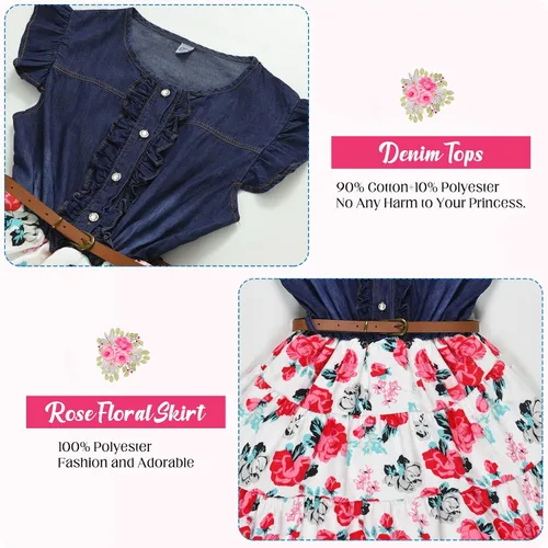 Miniatura 4 de YJ.GWL Vestido de niña de flores, vestido floral de mezclilla, vestidos de princesa para niñas, vestido blanco de primavera y verano, trajes