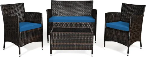 Miniatura 14 de Goplus Juego de patio de ratán de 4 piezas, juego de conversación de mimbre para exteriores e interiores para piscina, patio trasero, césped, sillas