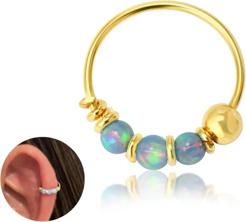 925 Plata de Ley Oro 14K Aro de Piercing de Hélice - Pendiente de Cartílago Ópalo para Mujeres - Pequeño 10MM Delgado 22 Calibre
