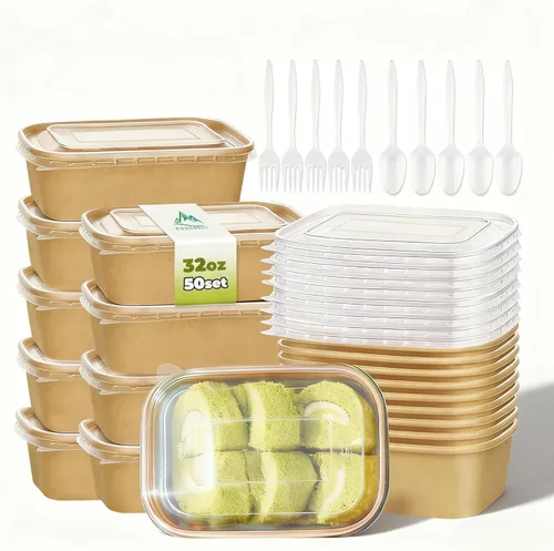 Miniatura 8 de Kaderron 50 Pack 20 OZ Large Paper Bowls with Lids with Spoons and Forks, Heavy Duty Disposable Meal Prep Containers for Party, Soak-Proof and
