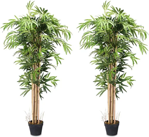 Juego de 2 árboles de bambú artificiales de 5 pies, plantas de vegetación falsas en macetas para interiores y exteriores, hermoso árbol de imitación