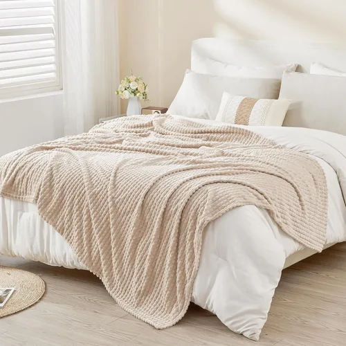 Miniatura 6 de EMME Manta de vellón, manta jacquard 3D para sofá y cama, manta suave, acogedora y esponjosa, ligera, de franela de lujo con diseño de cuadrícula