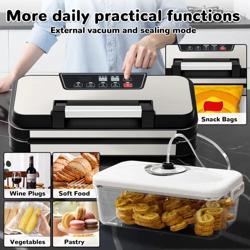 Miniatura 8 de Máquina selladora al vacío, potente sellador automático de alimentos de 95 Kpa, cortador integrado y almacenamiento de bolsas, pantalla de progreso