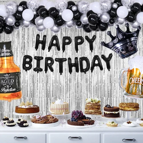 Miniatura 7 de Globos de cumpleaños negros y plateados para hombres y mujeres, decoraciones de feliz cumpleaños para niños, pancarta de globos de feliz cumpleaños