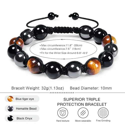 Miniatura 7 de DHQH Triple Protection Bracelet 8/10MM Hematite Black Agate Tigers Eye Stone Bracelet Crystal Jewelry Healing Bead Bracelets for Men Bring Luck