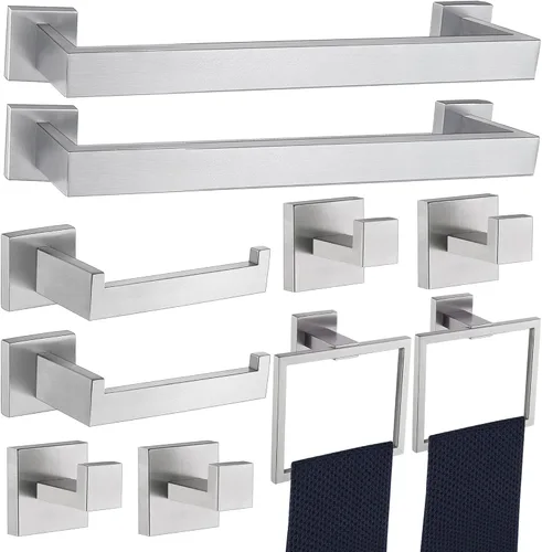 Miniatura 21 de Juego de 5 piezas de accesorios de ferretería para baño en negro mate, juego de toalleros cuadrados de 16 pulgadas para baño, juego de barras