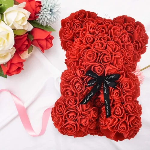 Miniatura 3 de oso de peluche hecho de rosas, diseño de rosas en cada oso, perfecto para aniversario, incluye caja de regalo transparente 10 pulgadas.