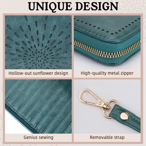 Miniatura 4 de APHISON Billetera para mujer, gran capacidad, monedero, tarjetero, RFID, pulsera, teléfono, cremallera, moneda, bolsillo de viaje azul
