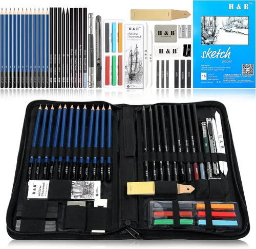 Miniatura 11 de H & B Kit de dibujo profesional de 40 piezas, kit completo de artista, incluye lápices de grafito, pasteles, sacapuntas y borrador