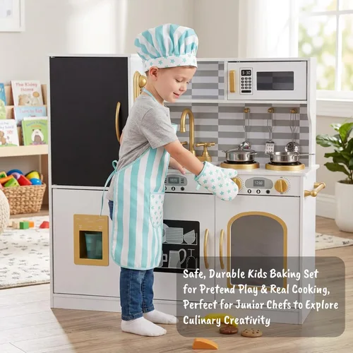 Miniatura 6 de Juego de delantal y gorro de chef para niños, 3 piezas, kits de cocina y horneado para niños, juguete de juego de roles para niños, regalo de cocina