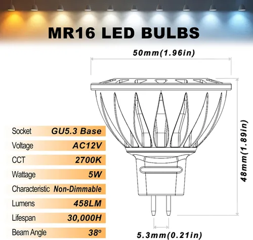 Miniatura 2 de ALIDE Bombillas LED MR16 GU5.3, 50 W, equivalente a halógena, 2700 K, blanco cálido, MR16 5 W, 12 V, bombillas de bajo voltaje, focos