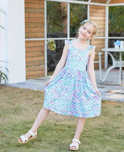 Miniatura 2 de Vieille Vestido de verano para niñas pequeñas, con volantes, manga corta, lindo vestido de sirena sin espalda para niños, vestido de playa casual