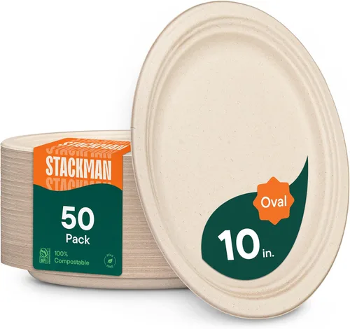 Platos de papel ovalados 100% de composta [10 pulgadas – 50 unidades] Elegante plato desechable de alta calidad, bagazo natural sin blanquear,