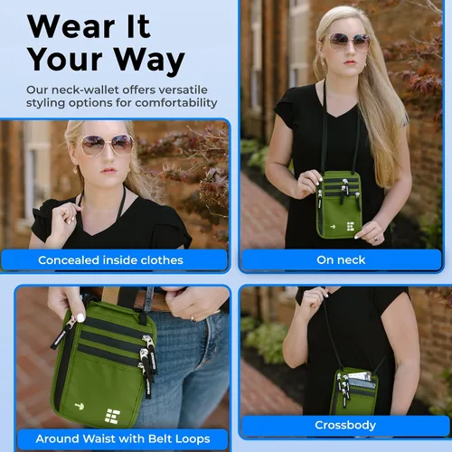 Miniatura 44 de Cartera para el cuello para viajes y pasaporte con bloqueo RFID, delgada y fácil de ocultar, bolsa de viaje de nailon para hombres y mujeres