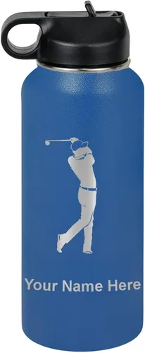 Miniatura 52 de LaserGram Botella de agua personalizada, golfista de golf, acero inoxidable de doble pared aislada al vacío con popote superior, regalo grabado Negro