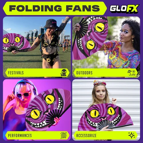 Miniatura 3 de GloFX Abanico de mano grande - Abanico de gato Cheshire de Alicia en el País de las Maravillas - Abanicos plegables de bambú para accesorios de rave