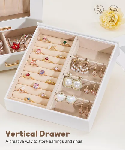 Miniatura 8 de Homde Organizador de joyas para niñas y mujeres, joyero para collares, anillos, aretes, regalo de Navidad, pulseras (blanco + dorado)