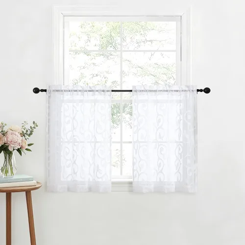 Miniatura 21 de OWENIE Furman - Juego de 2 paneles de cortinas traslúcidas negras de 24 pulgadas de largo, cortinas semitransparentes de jacquard ligeras y aireadas