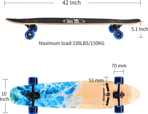 Miniatura 2 de Patineta de 42 pulgadas de largo completo Cruiser Pintail, el original Artisan Maple Skateboard Cruiser Pintail para crucero, tallado, estilo libre