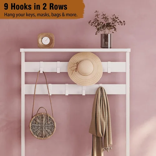 Miniatura 5 de GiftGo Estante de madera moderno de 5 niveles con 9 ganchos de metal movibles, organizador de almacenamiento para el hogar, oficina, dormitorio