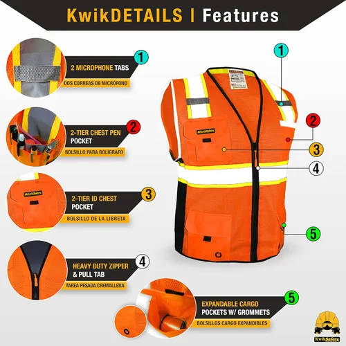 Miniatura 4 de KwikSafety - Chaleco de Seguridad BIG KAHUNA Edición Base y Edición Limitada Chaleco Reflectante Clase 2 ANSI OSHA para Hombre Naranja