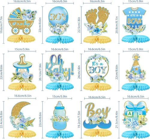Miniatura 2 de Tarklanda 12 centros de mesa de nido de abeja para baby shower, decoración de fiesta para niños, diseño floral azul dorado con texto en inglés "It's