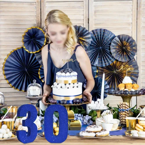 Miniatura 5 de TONIFUL Centro de mesa de madera número 0 con purpurina azul de 7.8 pulgadas, decoración de fiesta de cumpleaños azul, dígito 0 para cumpleaños