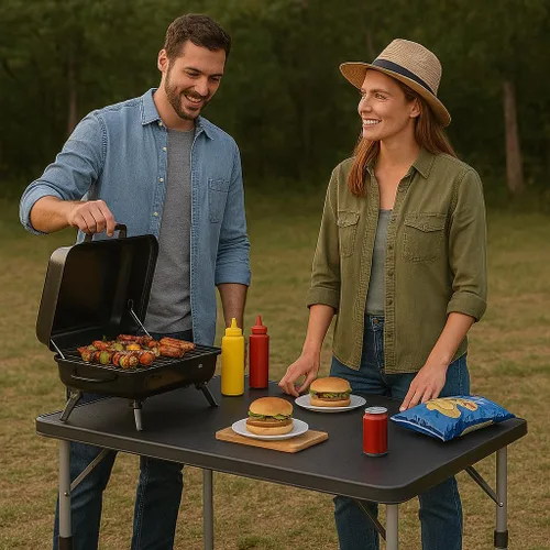 Miniatura 2 de Magshion Mesa plegable de plástico de 4 pies, mesa de comedor portátil plegable para interiores y exteriores con asa, ideal para picnic y Negro