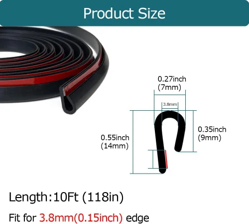 Miniatura 2 de Borde de goma negro, tira de sello de goma de canal en U con cinta autoadhesiva, protector de borde de metal apto para 0.15 pulgadas, 10 pies