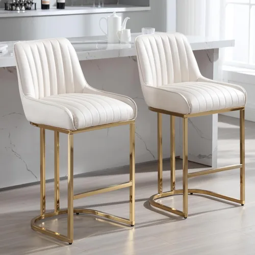 Miniatura 10 de Shunzhi Juego de 2 taburetes de bar de terciopelo beige de 26 pulgadas, modernos taburetes de mostrador con respaldo/patas doradas, sillas de bar