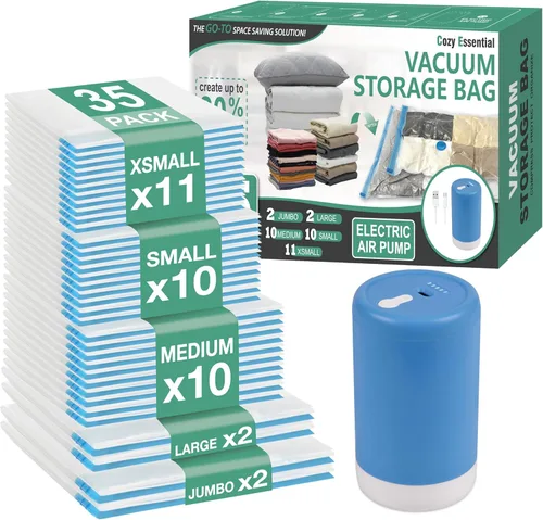 Miniatura 14 de Paquete de 30 bolsas de almacenamiento al vacío con bomba eléctrica inalámbrica recargable, bolsas de ahorro de espacio con sellado al vacío