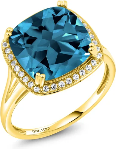 Miniatura 2 de Gem Stone King Anillo de compromiso de oro amarillo macizo de 10 quilates con topacio azul Londres y zafiro blanco creado para mujer