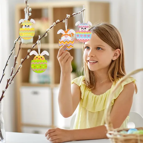 Miniatura 6 de Qunclay 40 piezas de adornos de Pascua, huevos de Pascua, huevos de Pascua, letreros colgantes para árbol, conejo, rebanadas de madera, recortes