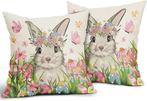 Miniatura 2 de Juego de 2 fundas de almohada de Pascua de 18 x 18 pulgadas, diseño de huevos de conejo, conejo, acuarela, rosa, azul, floral, con temática