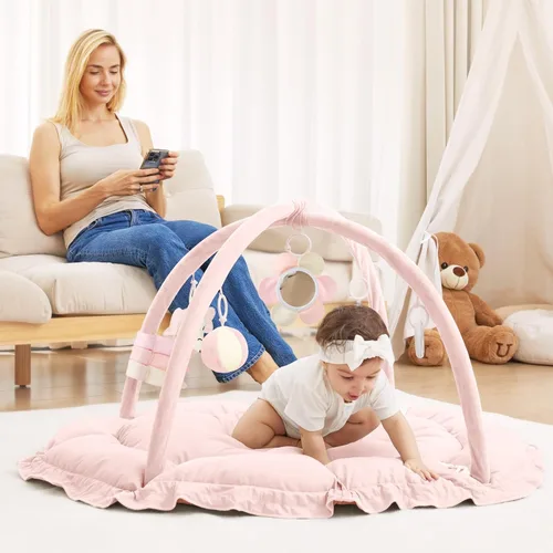 Miniatura 6 de ANGELBLISS Gimnasio de juego para bebé de 5 en 1, tapete reversible para tiempo de barriga con 5 juguetes sensoriales para el desarrollo basado