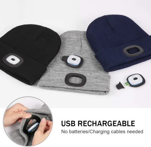 Miniatura 2 de Gorro LED con Luz, Gorro con Linterna de 4 LED Unisex Recargable por USB, Manos Libres, Gorro de Invierno de punto con Luz Nocturna, Linterna