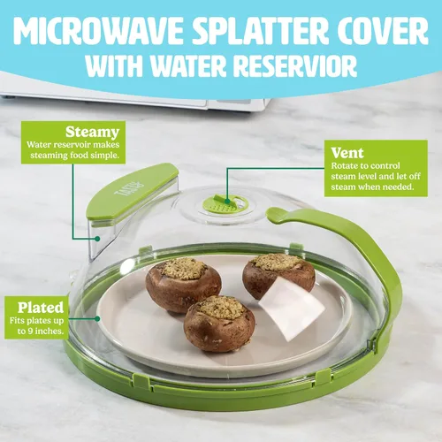 Miniatura 2 de Tasty Cubierta para salpicaduras de microondas con vaporizador de agua integrado y depósito, se adapta a platos de hasta 9 pulgadas, ayuda a retener
