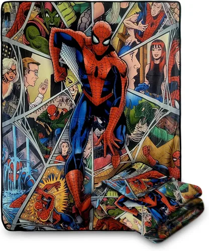 Miniatura 12 de Marvel - Manta de forro polar del 80.º aniversario – Ultrasuave y ligera, montaje clásico de cómic de Iron Man, Thor, Cap, Spidey, lavable a 80