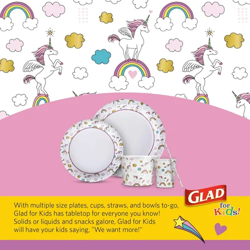 Miniatura 6 de Glad para Niños Platos de Papel Desechables Redondos con Temática de Unicornio - Resistentes, A Prueba de Absorción, Platos Aptos para Microondas