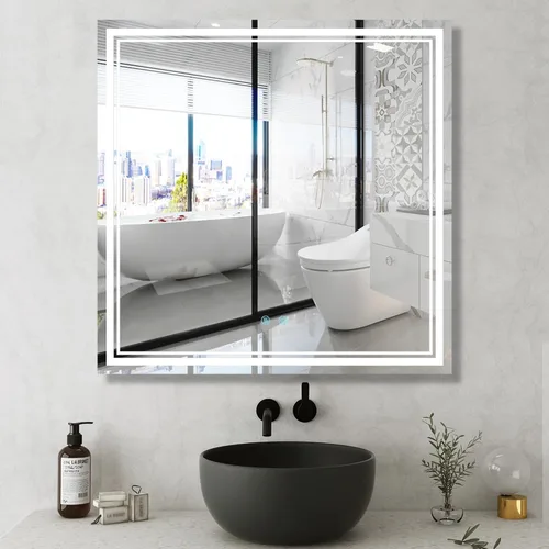 Espejo LED de 36 x 36 para baño, espejo de tocador LED, ajustable de 3 colores, espejo de tocador regulable con luces, antivaho, control táctil,