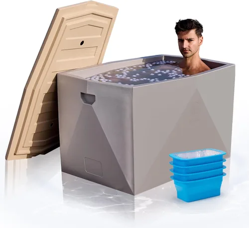 ICECON Bañera de inmersión fría profesional, baño de hielo rotomoldeado resistente para atletas, incluye 4 moldes de bloque de hielo, diseño con Gris