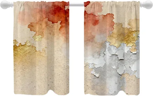 Miniatura 41 de Shrahala Beige and Orange Abstract Art Brushstrokes Blackout Curtain Tiers, Abstract Oil Paint Kitchen Valance Light Blocking Tier Drapes with Rod
