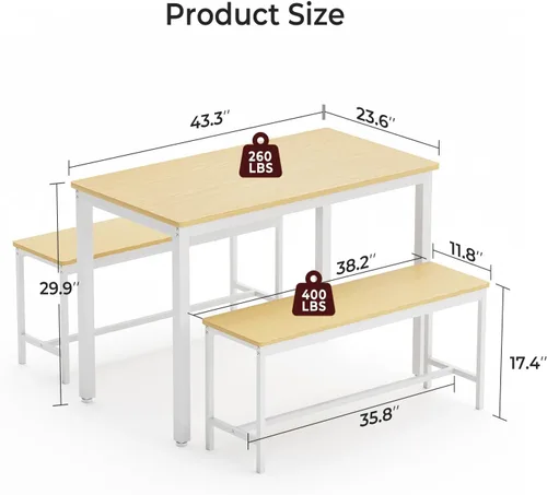 Miniatura 7 de Tatub Juego de mesa de comedor para 4, mesa de cocina de 3 piezas con 2 bancos, juego de mesa de comedor que ahorra espacio para rincón de desayuno
