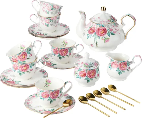 Miniatura 10 de Juego de taza y platillo de estilo europeo, 7 oz (aproximadamente 7.00 oz) de porcelana de hueso exquisita taza de té y platillo de platino