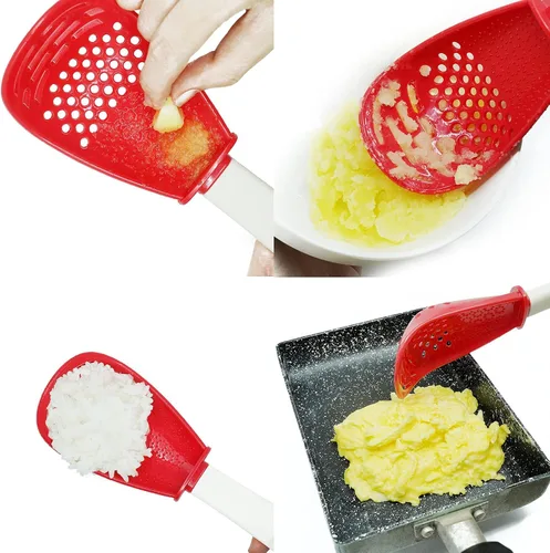 Miniatura 3 de 6 en 1 aparatos de cocina multifuncionales, 356°F resistentes al calor, separador de huevos, cocina, drenaje, puré, rejilla, cuchara de cocina roja