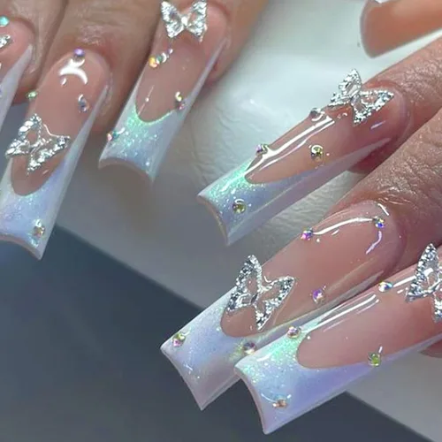 Miniatura 24 de 24 uñas postizas a presión de punta francesa, uñas acrílicas medianas falsas/falsas con diamantes de imitación de flores, diseños de punta francesa