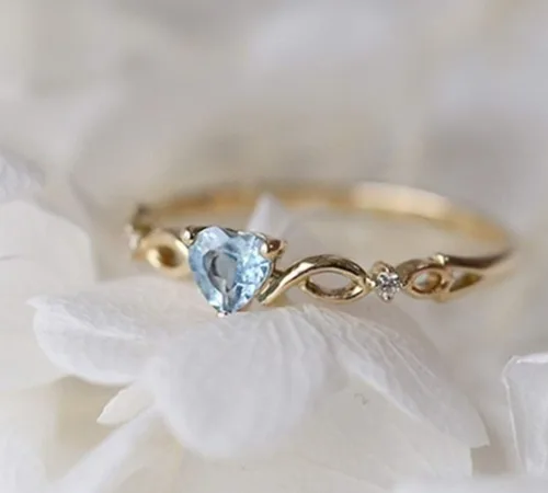 Miniatura 2 de 14k Gold Sea Blue Topaz Love Heart CZ Diamond Ring Women Anniversary Engagement Wedding Gemstone Ring