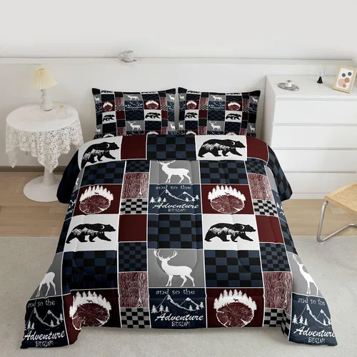 Miniatura 194 de Juego de edredón de oso y ciervo, tamaño individual, ropa de cama de animales salvajes de caza, colcha rústica de cabaña, casa de campo, cuadros